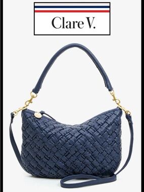 Clare V Petit Moyen in Navy Blue Leather